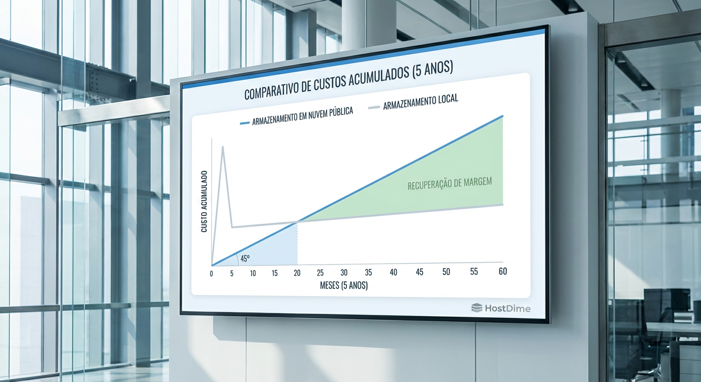 Comparativo de TCO acumulado em 5 anos: o ponto de inflexão onde o investimento em hardware supera o aluguel perpétuo.
