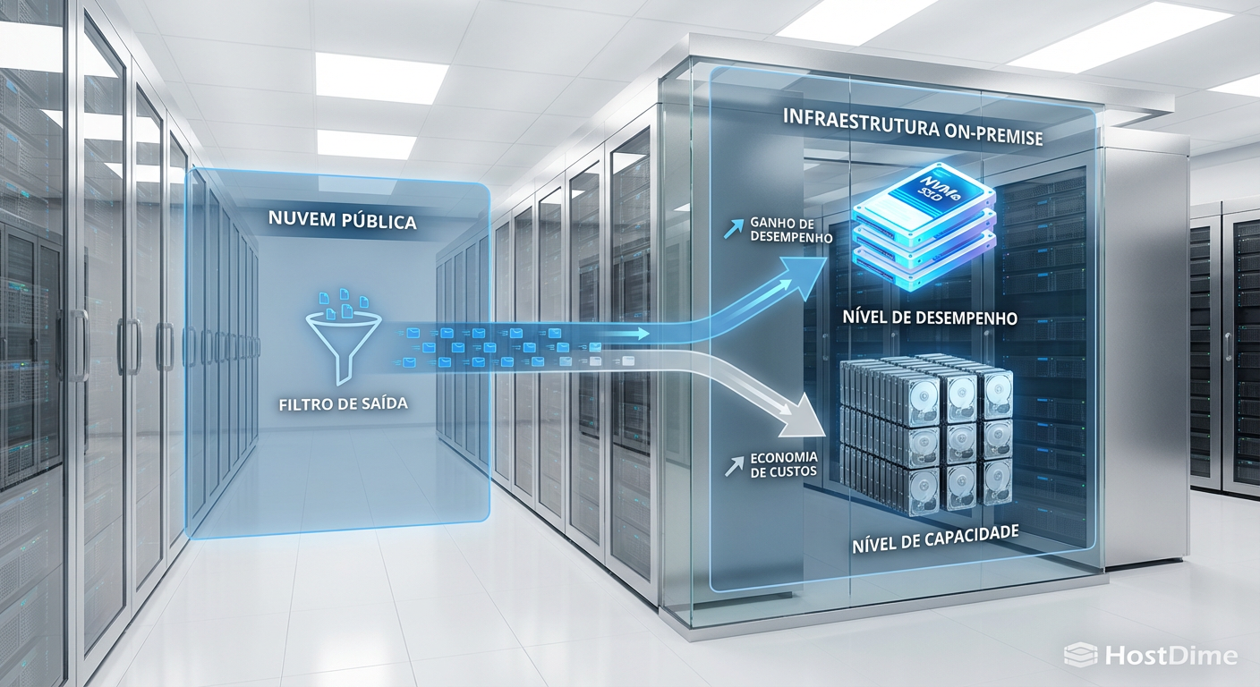 Fluxo de repatriamento inteligente: segmentação de dados entre tiers de performance (NVMe) e capacidade (HDD) para otimização máxima de custos.