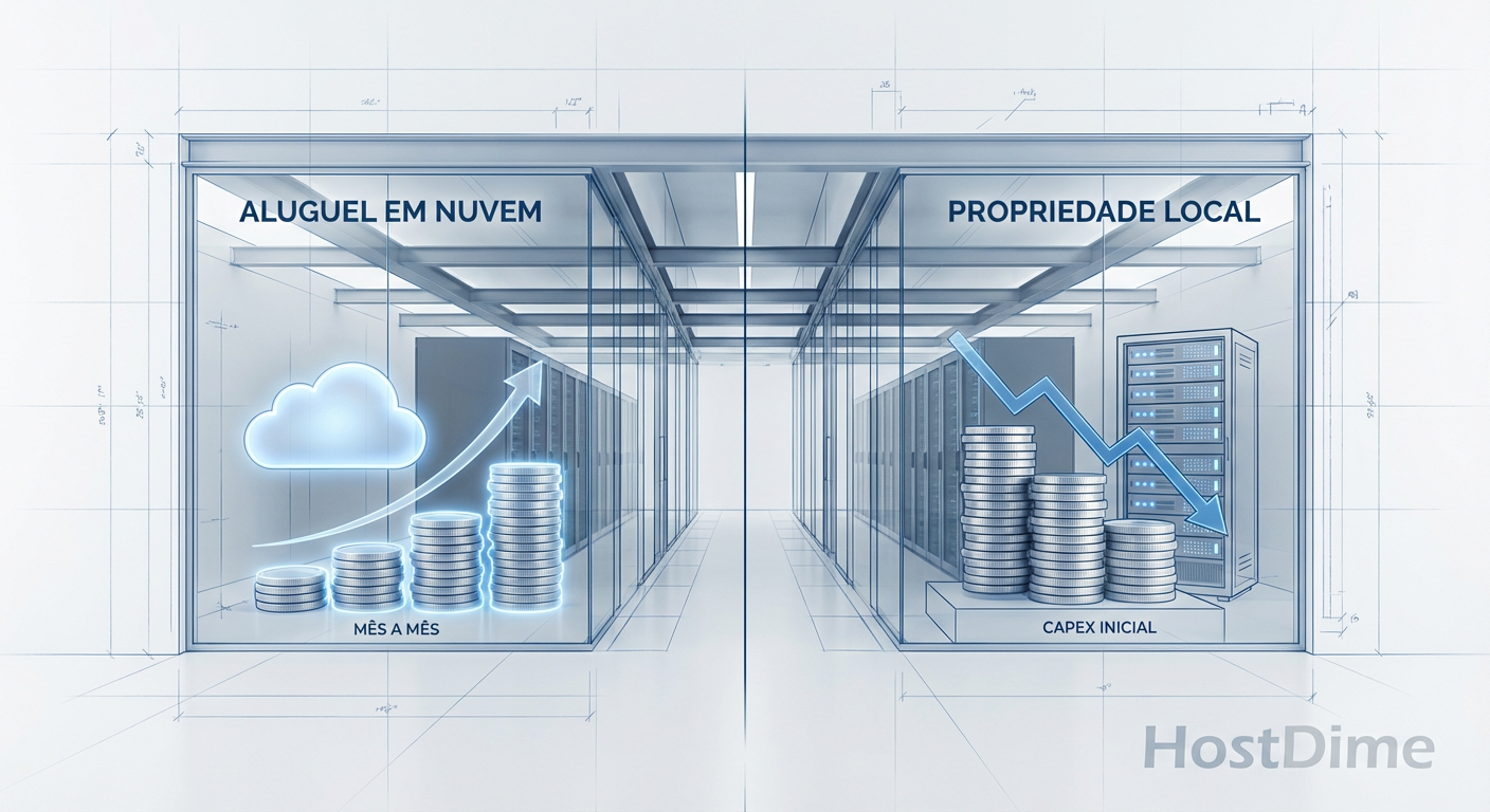 Comparativo visual entre o modelo de custo OPEX acumulativo da nuvem versus o modelo CAPEX amortizado do hardware local.