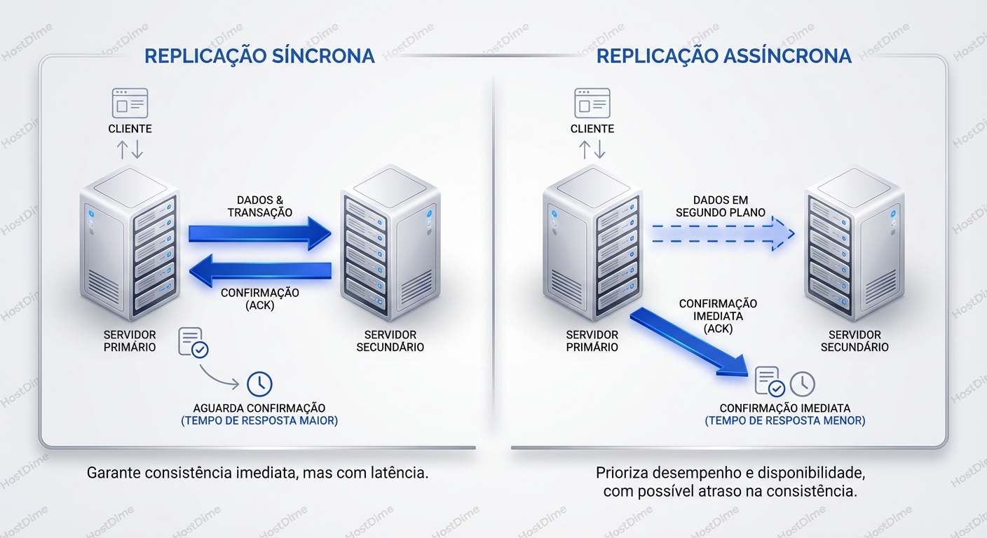 Comparativo do fluxo de replicação síncrona e assíncrona.