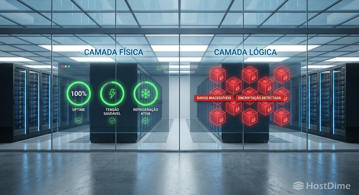 Painel de monitoramento contrastando a saúde física do hardware (verde/ativo) com a indisponibilidade lógica dos dados (vermelho/bloqueado).
