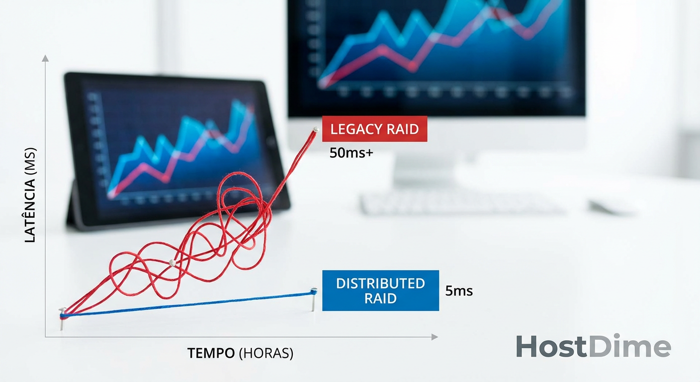 Legenda: O impacto devastador de uma reconstrução RAID tradicional na latência versus arquiteturas modernas distribuídas.