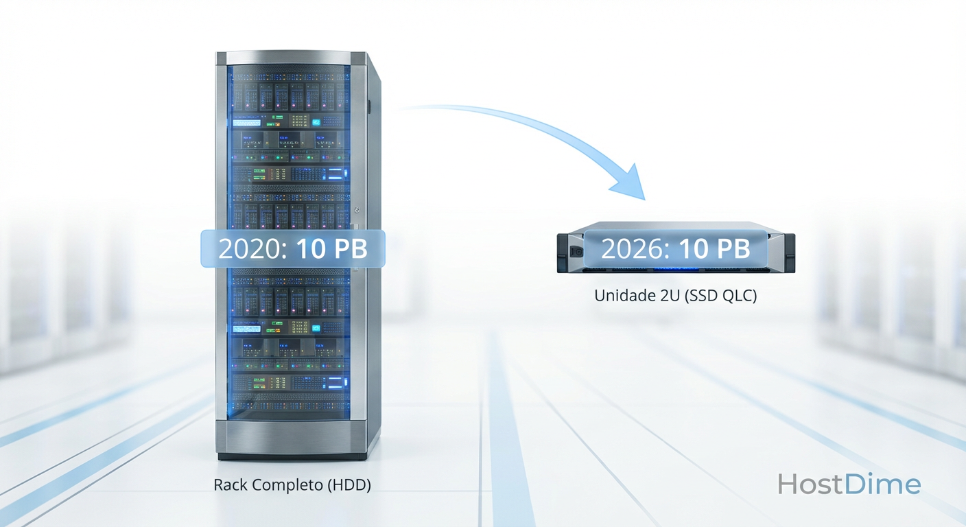 A consolidação física: em 2026, um único chassi 2U com drives de ultra-densidade substitui corredores inteiros de discos giratórios de legado. (Fig. 1)