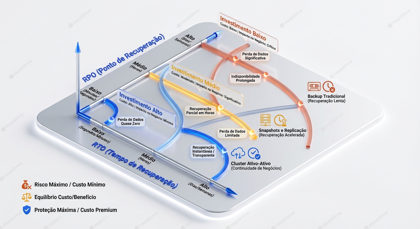 Relação entre RPO, RTO, investimento e impacto no negócio.