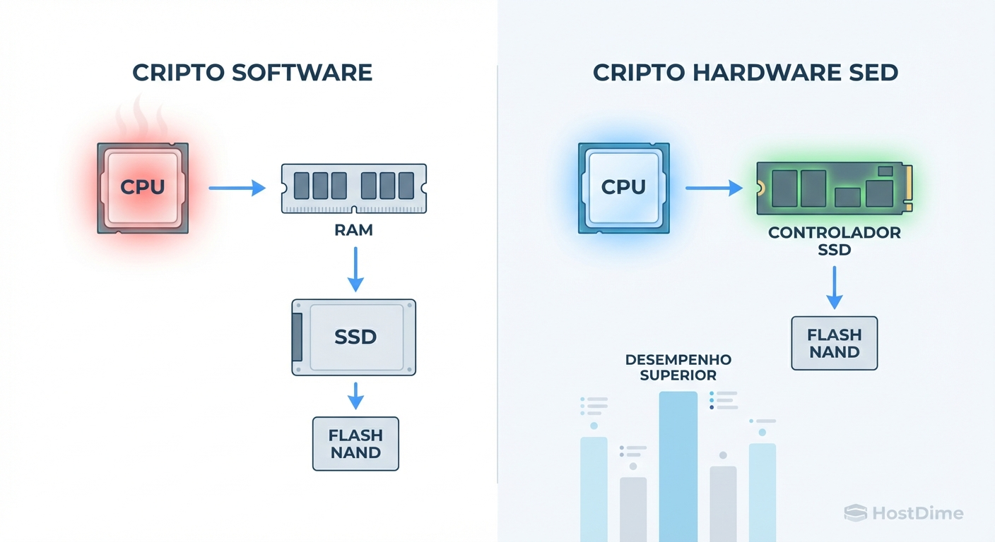 Comparativo visual do fluxo de dados: Carga na CPU vs. Carga no Controlador do SSD.