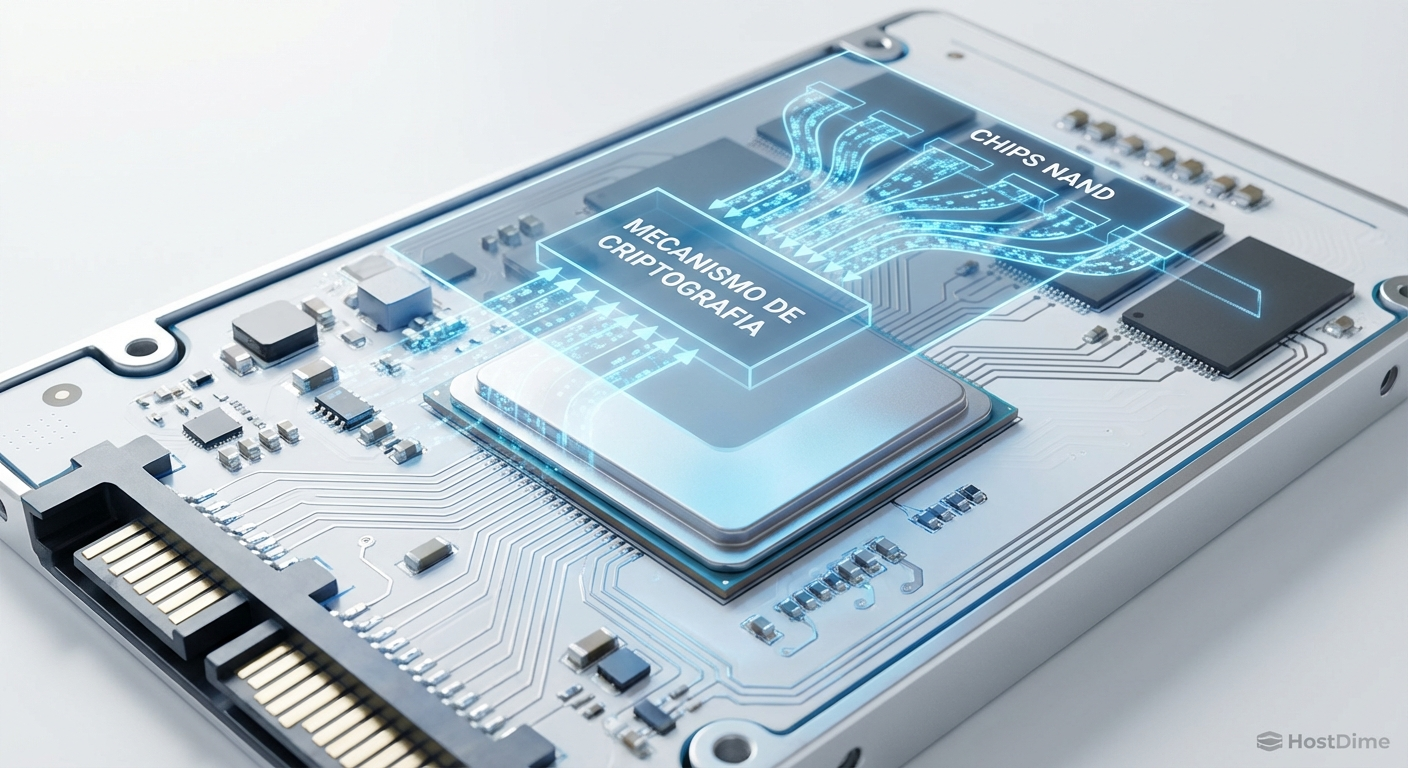 O motor oculto: A arquitetura interna de um controlador NVMe destacando o bloco de criptografia dedicado.