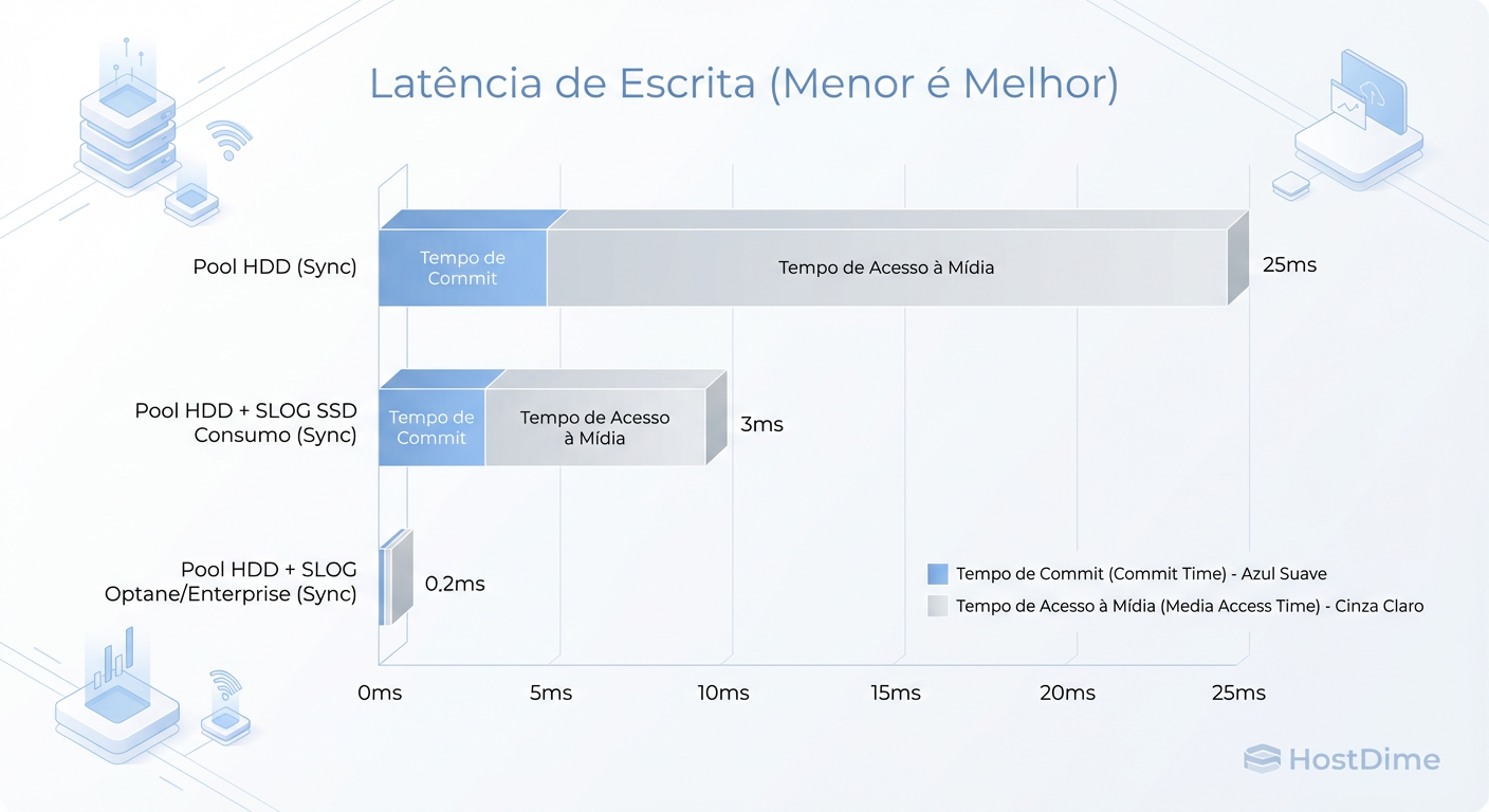 A Ilusão do SSD Barato: Sem PLP (Power Loss Protection), um SSD comum pode ser tão lento quanto um HDD para sync writes devido ao flush de cache forçado.