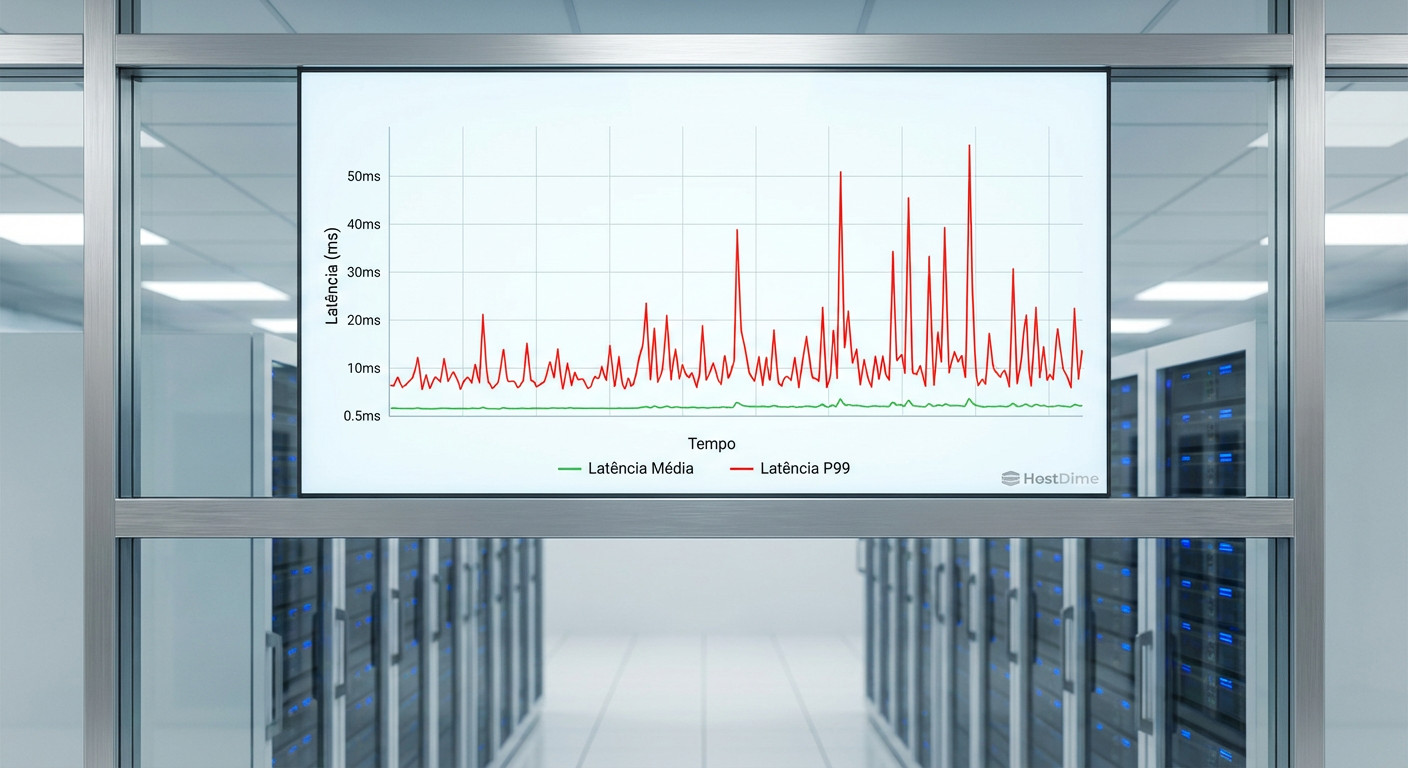 Gráfico comparativo demonstrando como a latência média (linha verde estável) mascara os picos críticos de latência de cauda P99 (linha vermelha instável) que afetam a operação.