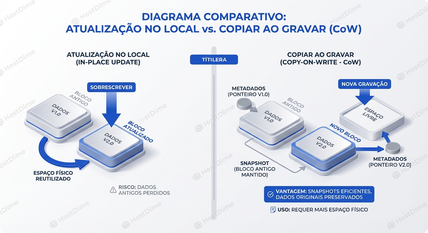 Comparação estrutural: A atualização destrutiva tradicional versus a preservação de blocos no modelo Copy-on-Write.