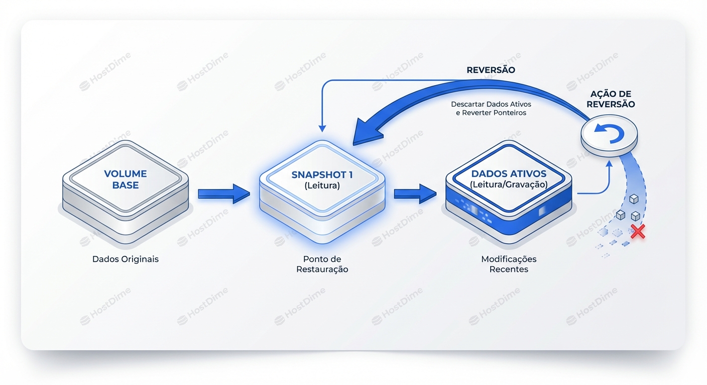A anatomia de uma cadeia de snapshots e o processo lógico de reversão (rollback) para um estado anterior.