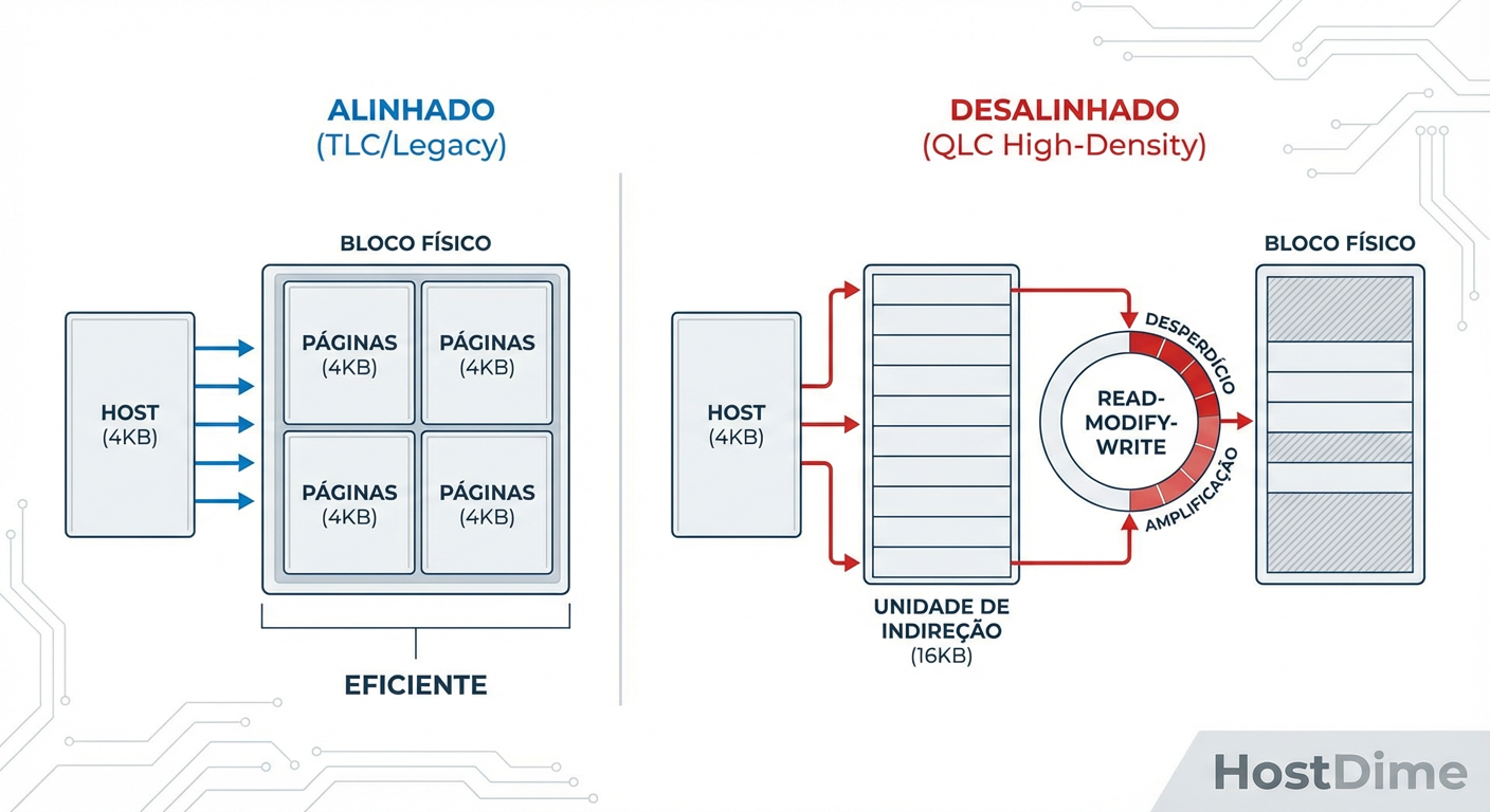 O impacto do desalinhamento da Unidade de Indireção (IU): uma escrita de 4KB força a movimentação de 16KB ou mais em SSDs QLC modernos.