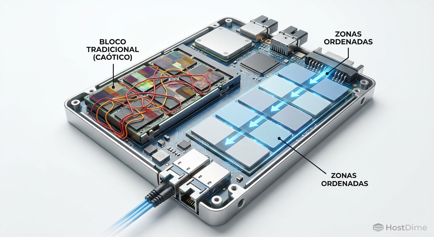 Zoned Namespaces (ZNS): Organizando a escrita física para eliminar a imprevisibilidade do Garbage Collection.