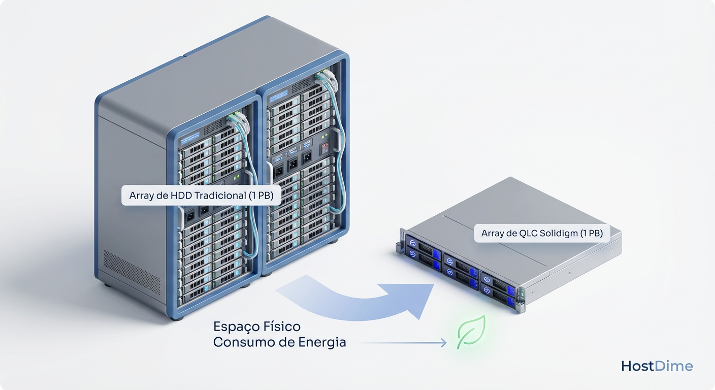 Fig. 1: A consolidação radical: 1 Petabyte de dados em HDDs vs. a nova densidade QLC da Solidigm.