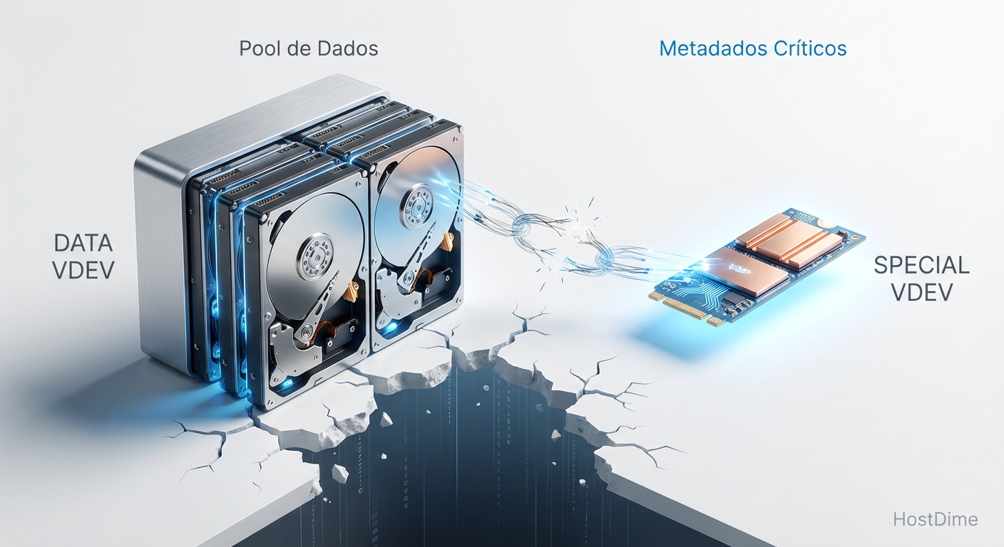 Fig. 1: A Corrente da Morte. A perda do VDEV Especial torna os dados nos discos mecânicos matematicamente irrecuperáveis.