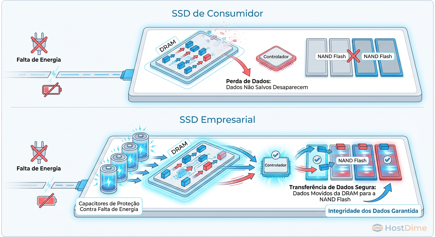 Diagrama de Fluxo de Falha: A perda de dados no cache DRAM (Consumidor) vs. a descarga de emergência garantida (Enterprise).
