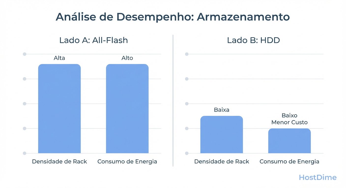 Fig. 3: Densidade vs. Custo Energético. O Flash vence em espaço, mas o HDD ainda domina no custo total por petabyte armazenado.