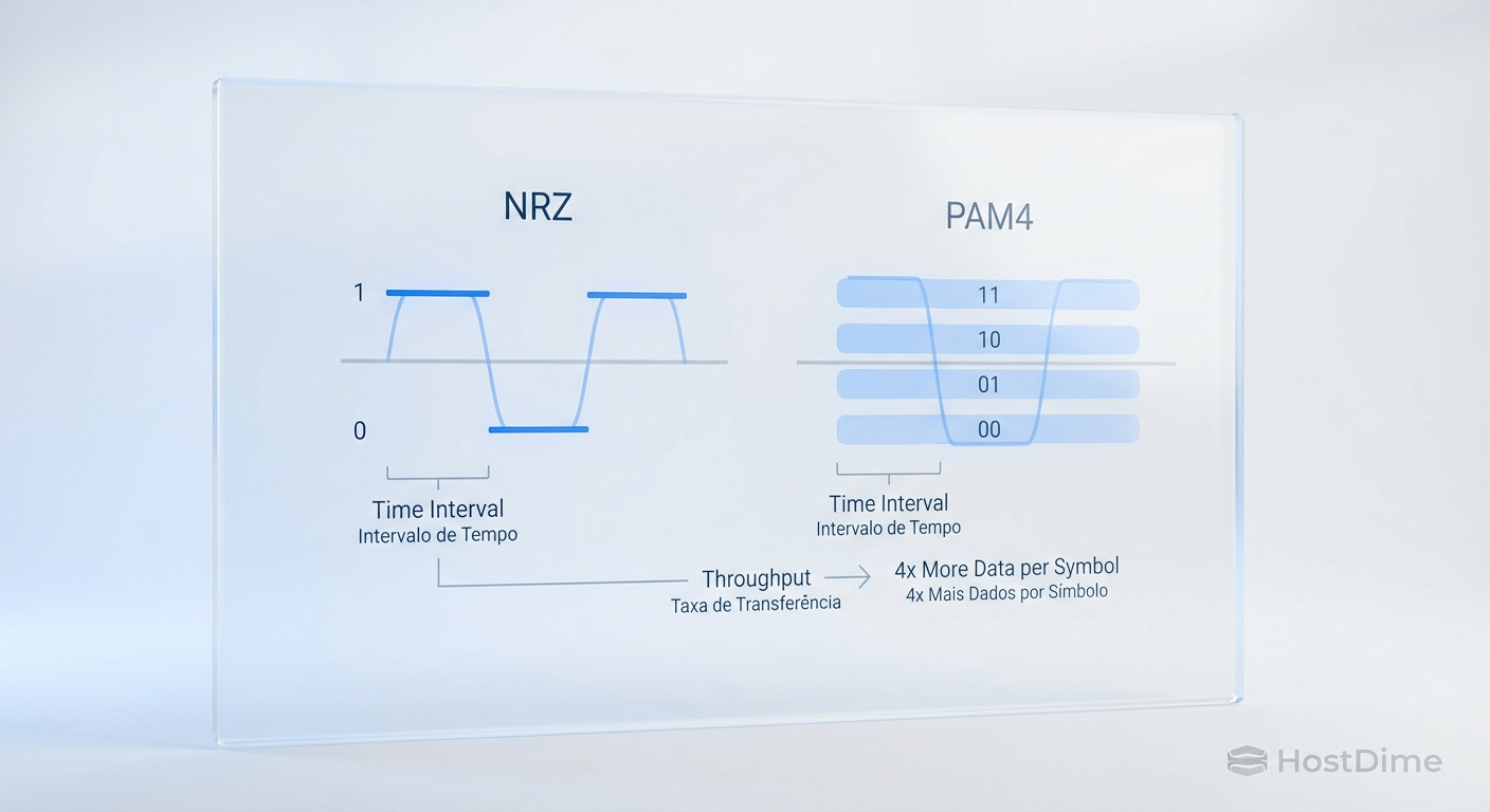 Fig 1. A mudança de sinalização (NRZ para PAM4) permite enviar o dobro de bits no mesmo ciclo de clock, mas exige correção de erros mais agressiva.