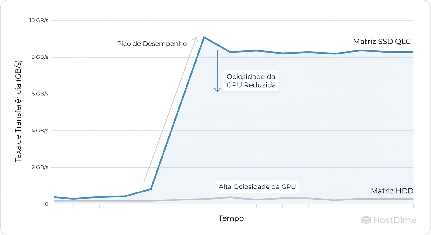 Gráfico de benchmark comparando a taxa de transferência sustentada entre arrays de HDD e SSD, destacando a latência reduzida para cargas de IA.