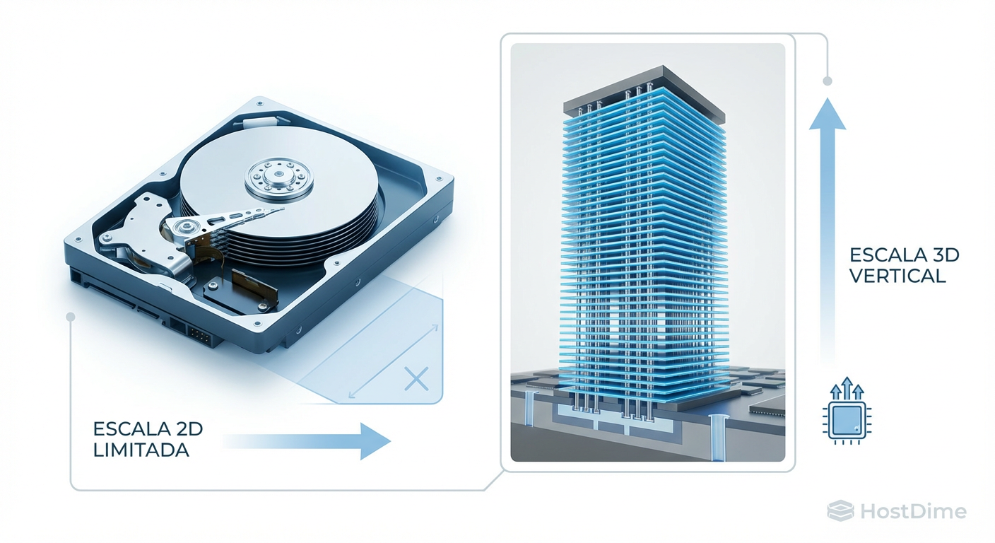 Ilustração técnica comparando a limitação física dos pratos magnéticos versus a escalabilidade vertical das camadas de memória NAND 3D.