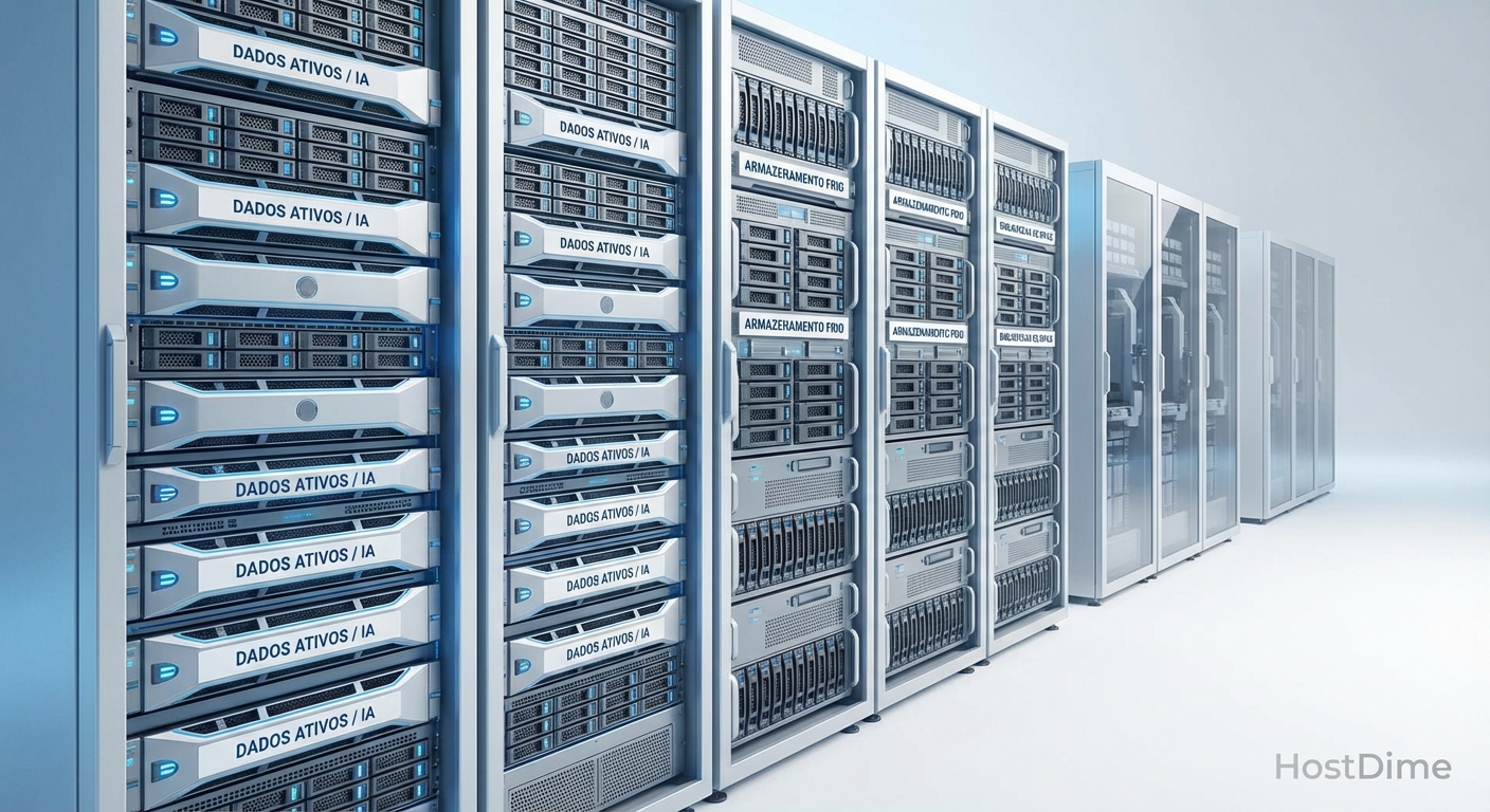 Representação visual da hierarquia de armazenamento moderna, mostrando a transição de SSDs para dados quentes e HDDs/Fitas para dados frios.