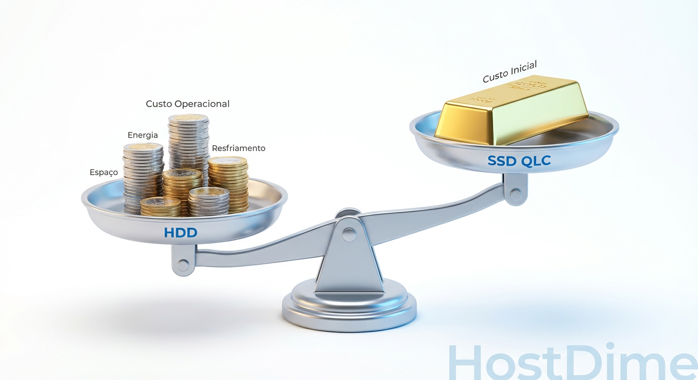 A balança do TCO: o alto custo inicial do flash é amortizado pela economia operacional drástica ao longo de 5 anos.