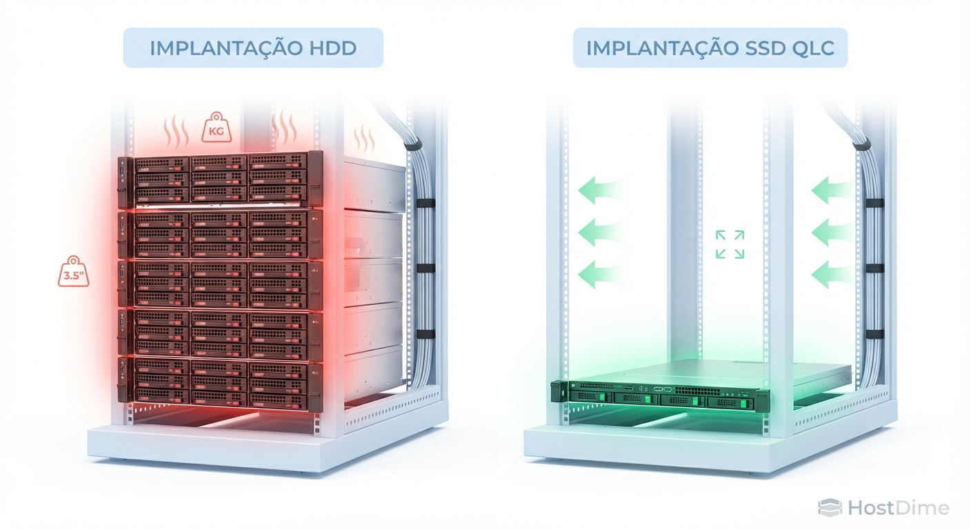 A matemática do rack: consolidando múltiplos chassis de discos rotativos em uma única unidade de flash de alta densidade.