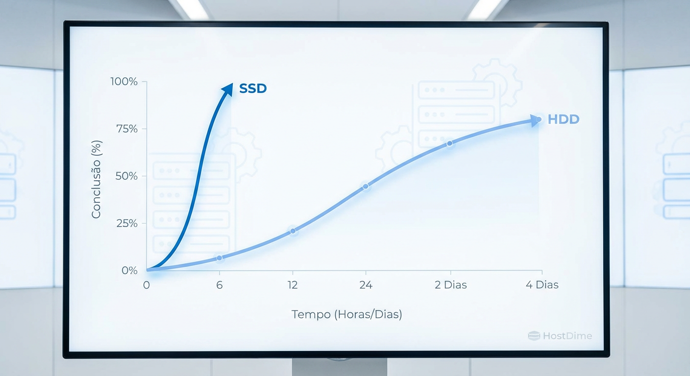 O risco temporal: enquanto o SSD restaura a redundância em horas, o HDD deixa o sistema vulnerável por dias.