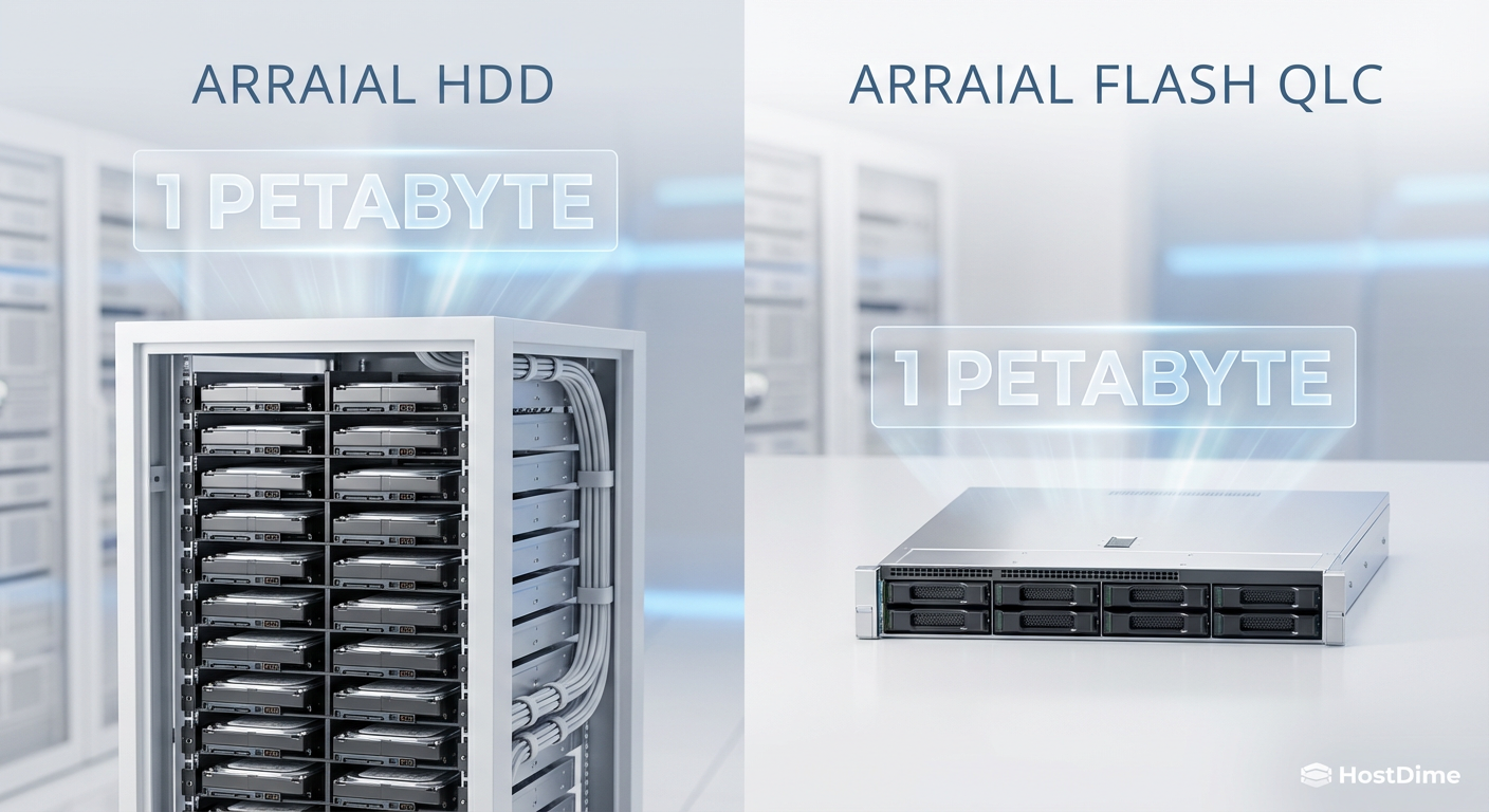 Comparativo de densidade: O espaço físico necessário para armazenar 1 Petabyte usando HDDs tradicionais versus a nova geração de SSDs QLC de alta densidade.