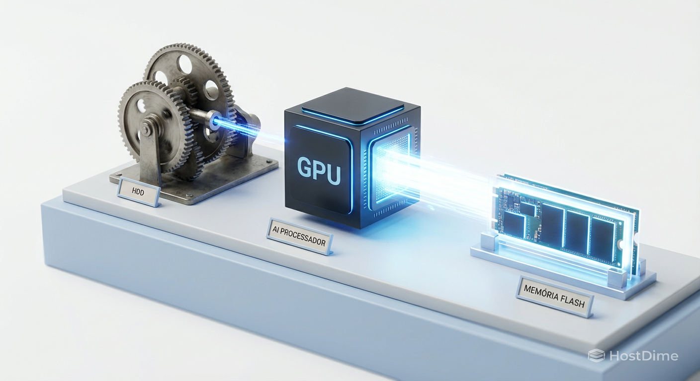 O gargalo da IA: Diagrama técnico mostrando como a latência mecânica dos HDDs deixa processadores de IA ociosos, enquanto o fluxo contínuo dos SSDs maximiza a utilização do hardware de computação.