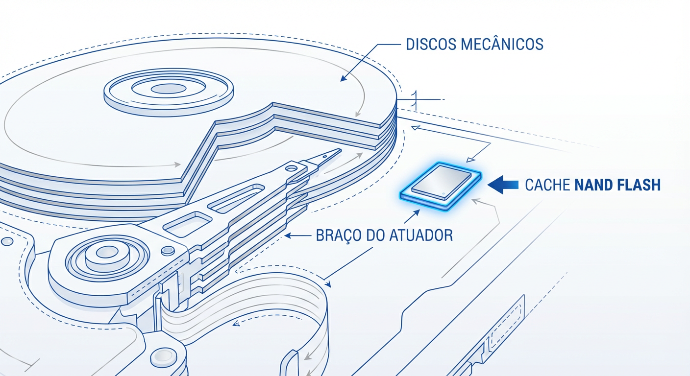 Anatomia de um SSHD: A complexidade mecânica do HDD com um cache SSD insuficientemente pequeno.