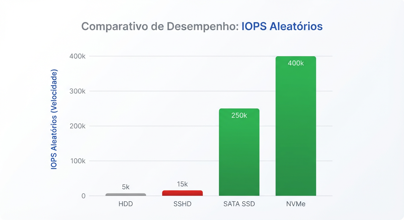 Comparativo de IOPS: O ganho marginal do SSHD não justifica o risco mecânico em 2025.