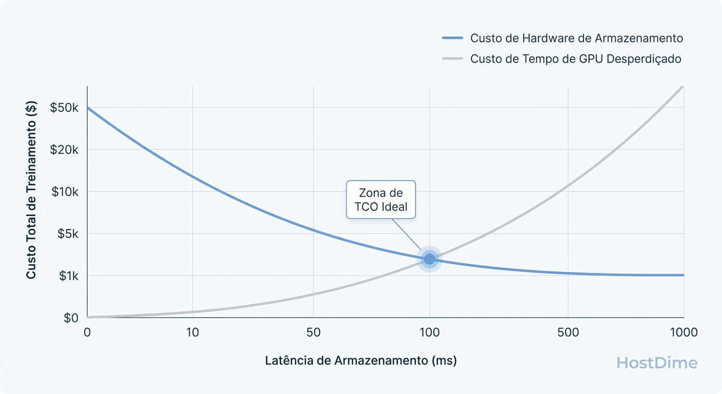 Gráfico de Trade-off no TCO de Storage AI: O ponto onde a economia em discos baratos é superada pelo custo de horas de GPU desperdiçadas.