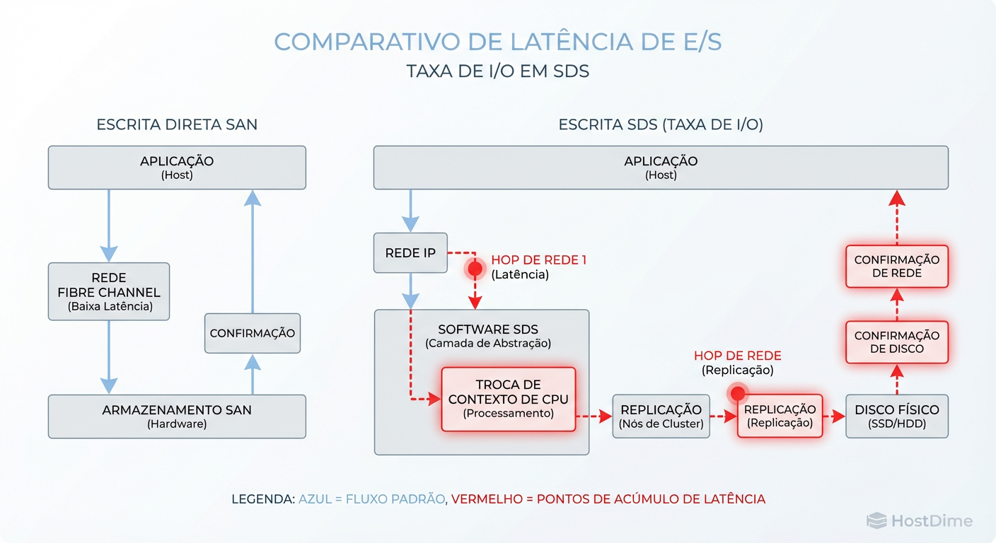 O Caminho do I/O no SDS: Cada salto de rede e ciclo de CPU adiciona latência que nenhum software pode eliminar.