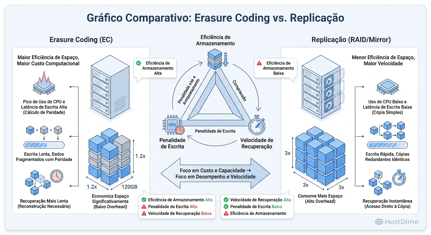 Trade-offs de Proteção de Dados: Erasure Coding economiza disco, mas cobra o preço em CPU e latência de escrita.