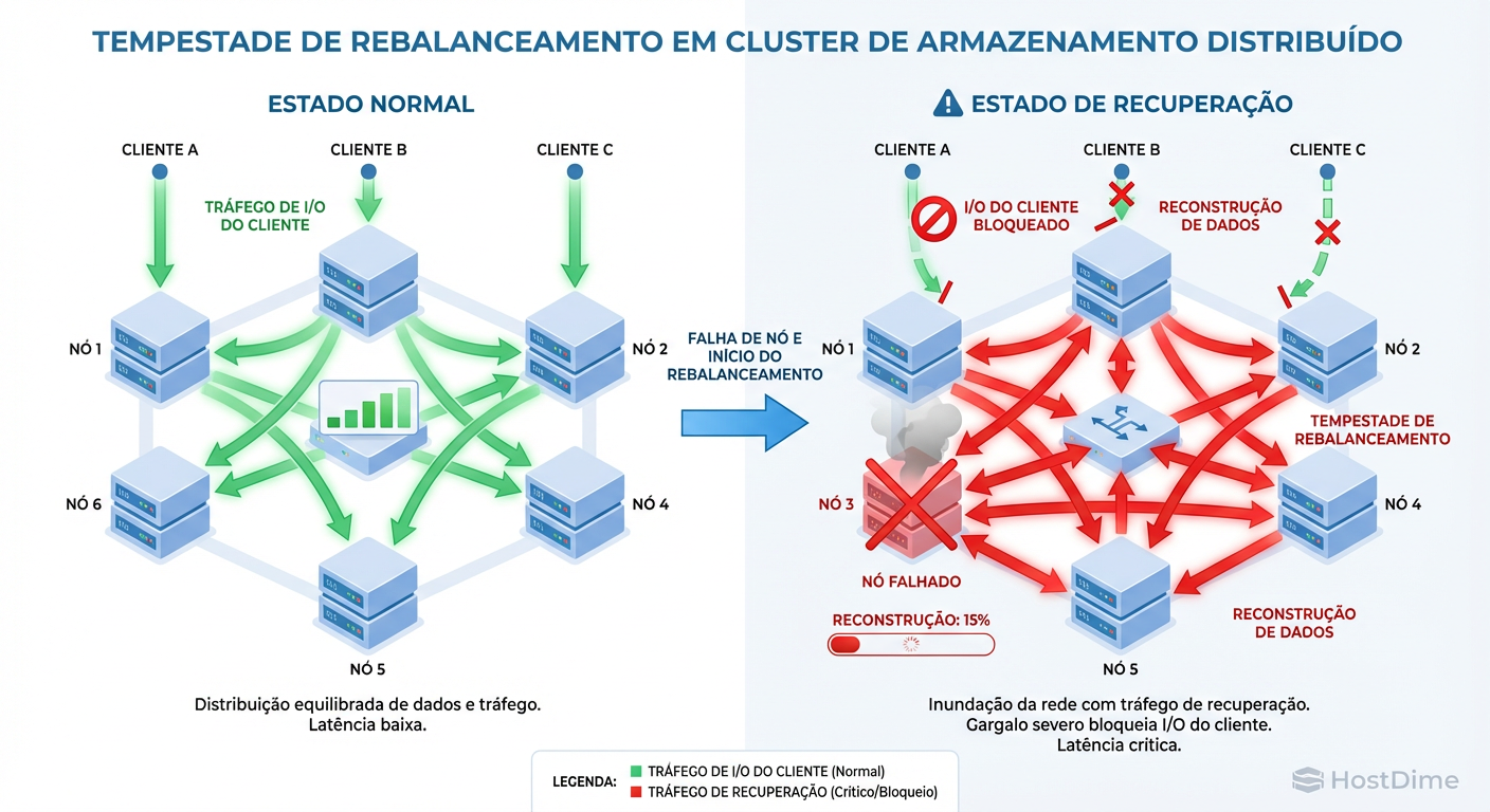 Diagrama de Fluxo: Como o tráfego de recuperação (Rebalance) pode sufocar o tráfego de produção em arquiteturas mal planejadas.