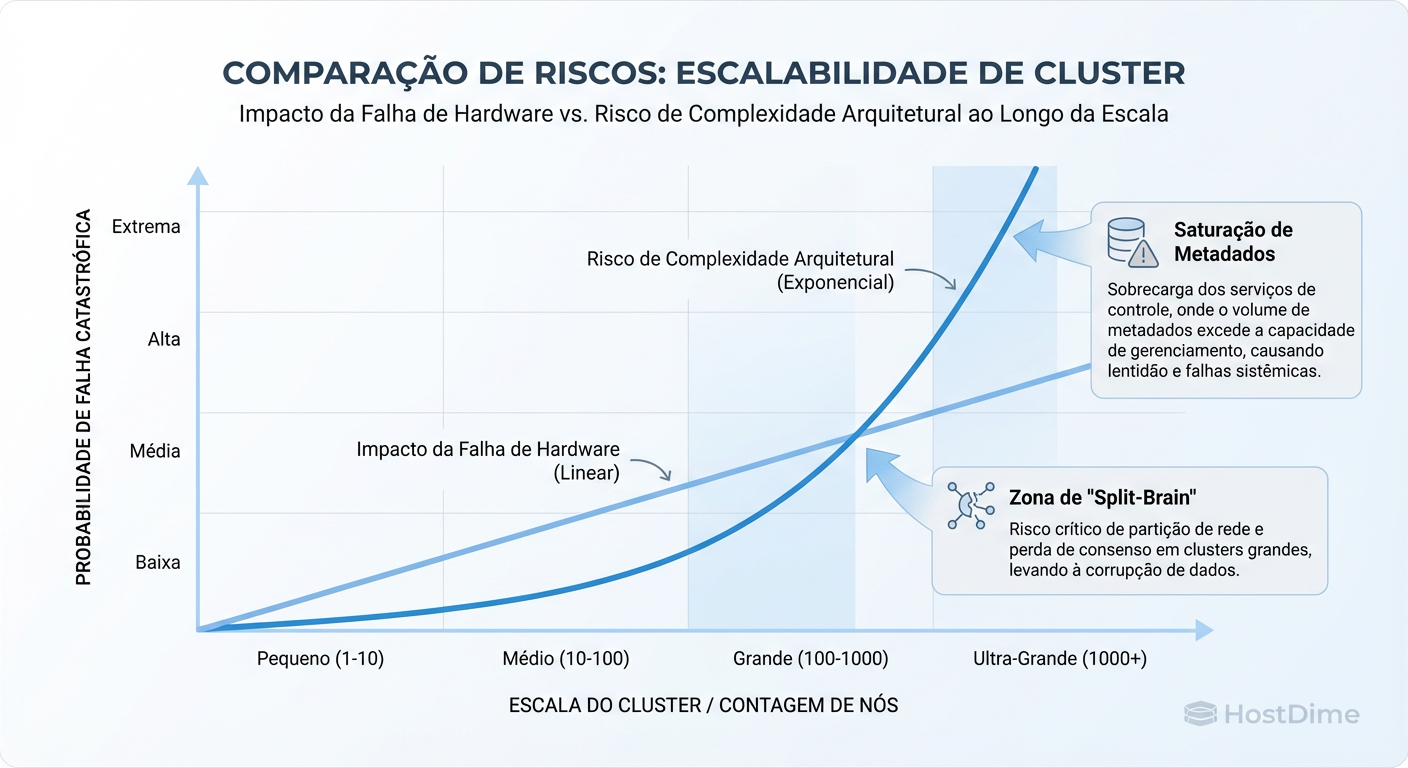 Gráfico de Risco: A relação entre escala do cluster e a probabilidade de falhas lógicas complexas versus falhas físicas simples.