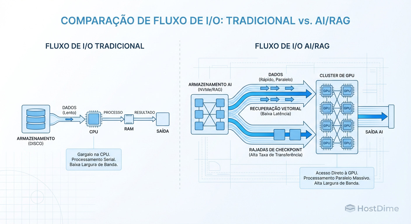 O Novo Fluxo de Dados: Diferença entre servir arquivos para usuários (esquerda) e alimentar clusters de IA (direita). Note os picos de Checkpointing.
