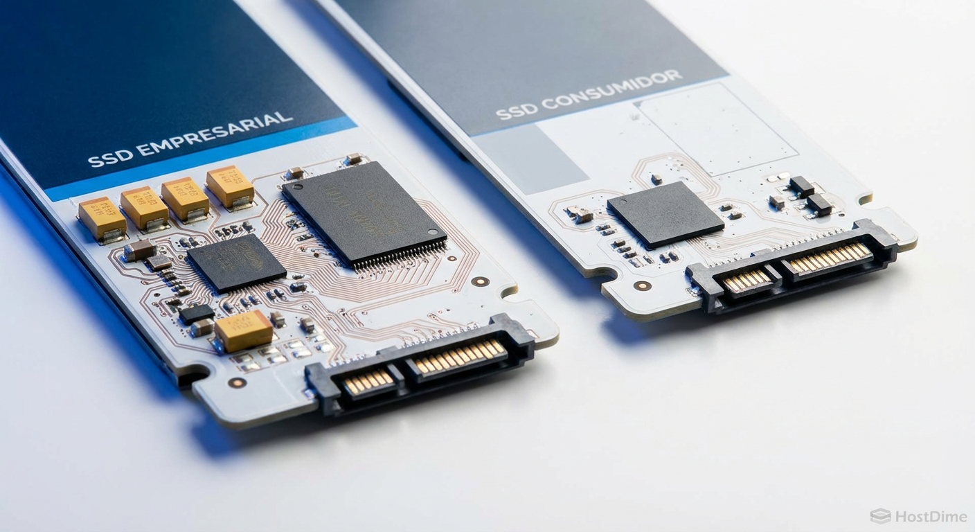 Anatomia física: A presença de capacitores de proteção (PLP) e DRAM dedicada distingue o hardware Enterprise das opções de consumo.