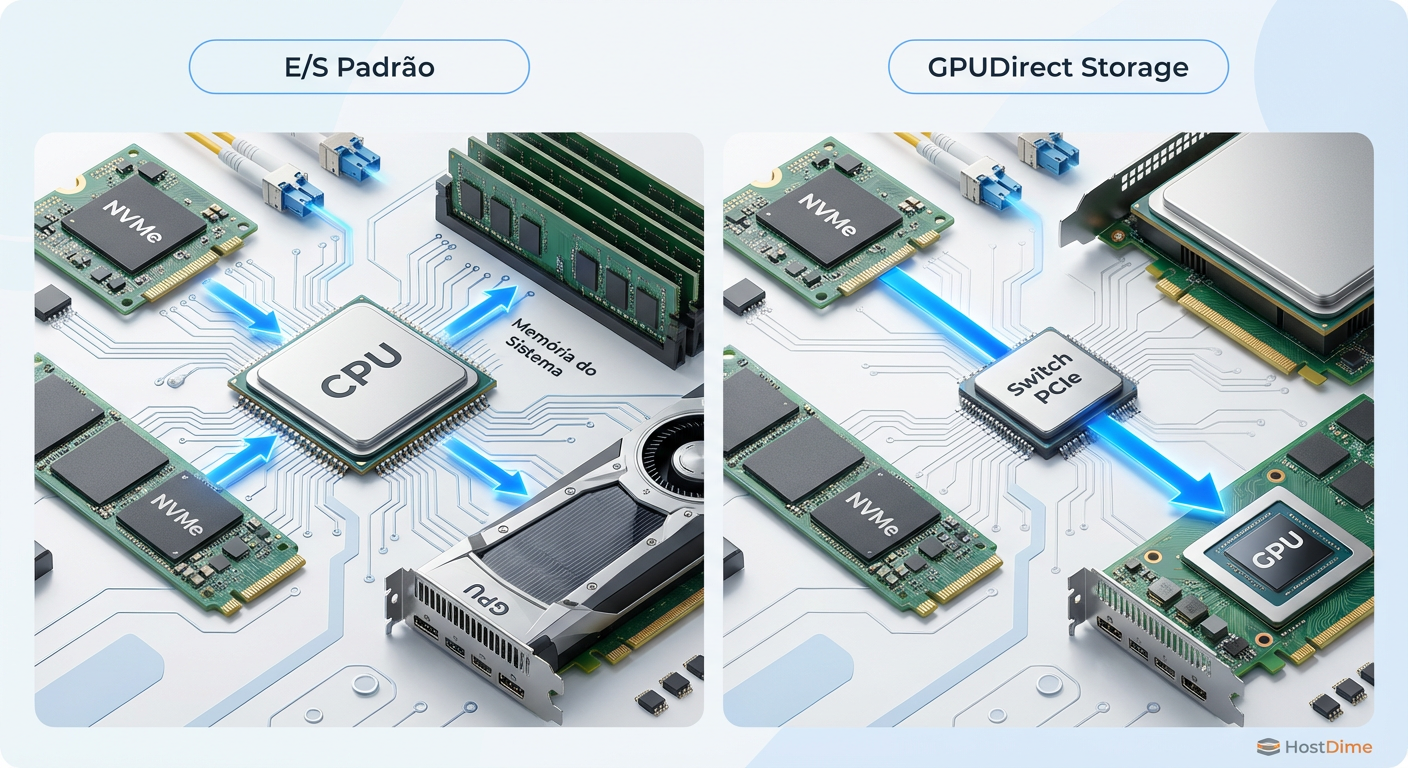 Comparação de fluxo de dados: O caminho tradicional via CPU versus o acesso direto via DMA do GPUDirect Storage.
