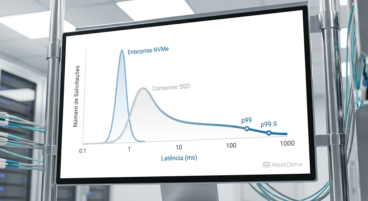 Histograma comparativo de latência: A diferença crítica entre a consistência de um NVMe Enterprise e a cauda longa imprevisível de um SSD de consumo.