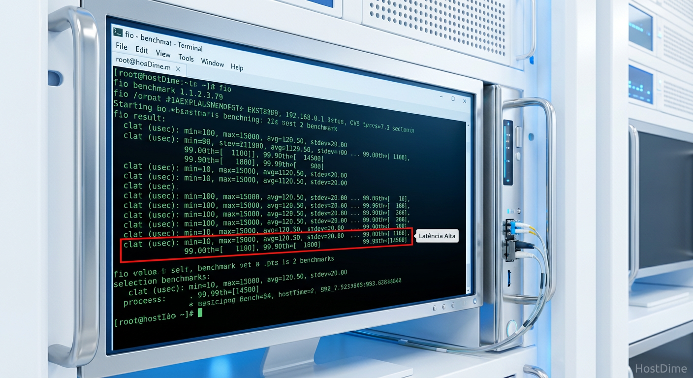Saída do FIO destacando a latência de conclusão (clat) nos percentis superiores, onde os problemas de performance se escondem.