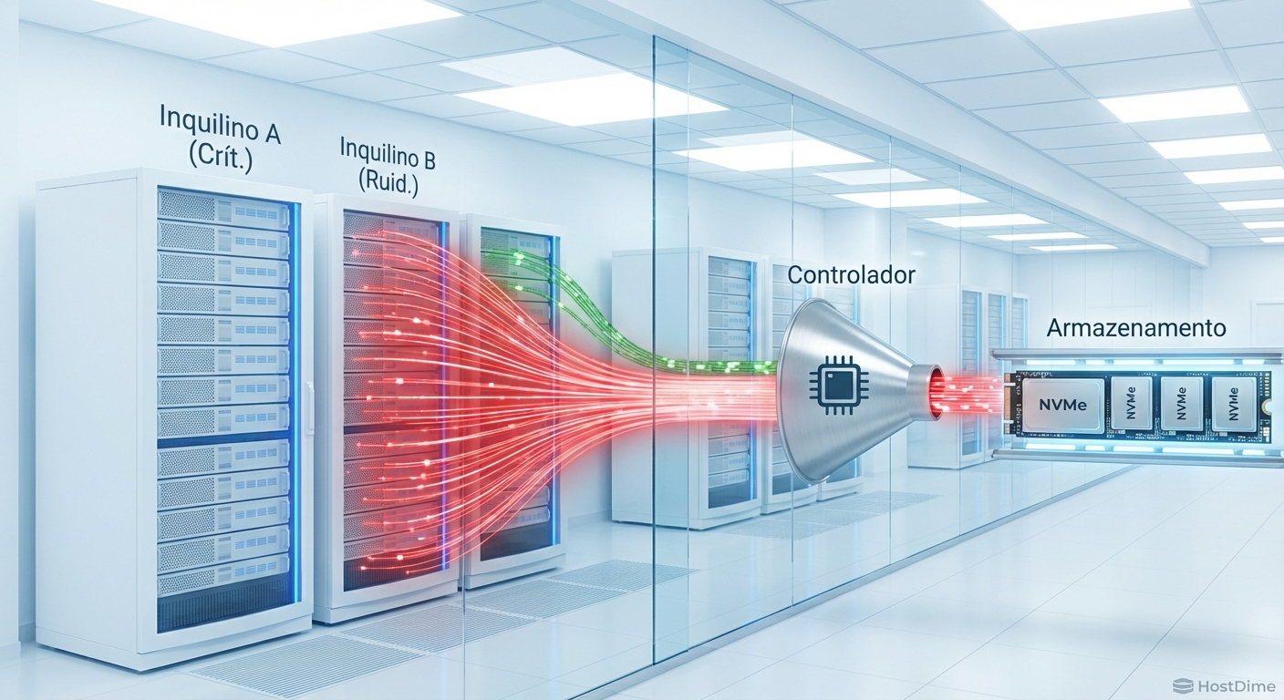 Diagrama ilustrando o bloqueio de recursos no controlador de storage causado por um vizinho barulhento saturando as filas de entrada.