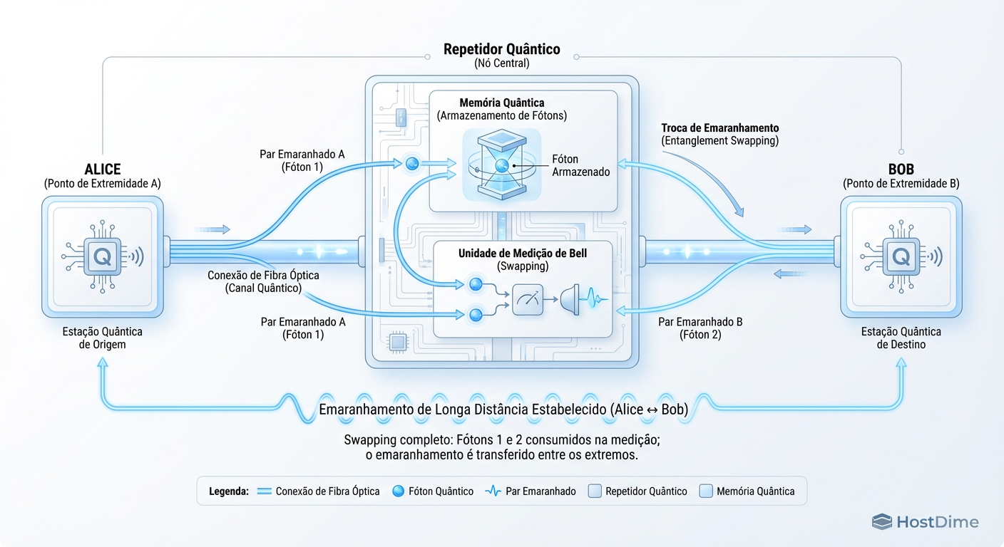 O papel do Storage na Rede: Sem memória quântica no repetidor, o sinal morre na fibra e não pode ser amplificado devido ao teorema da não-clonagem.