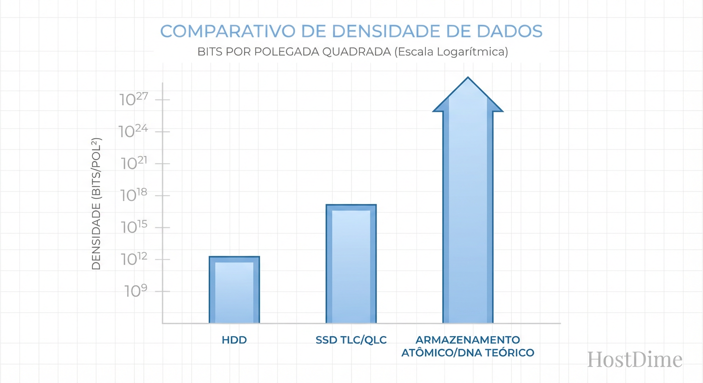 Comparativo de Densidade de Dados: HDD vs SSD vs Armazenamento Atômico Teórico.