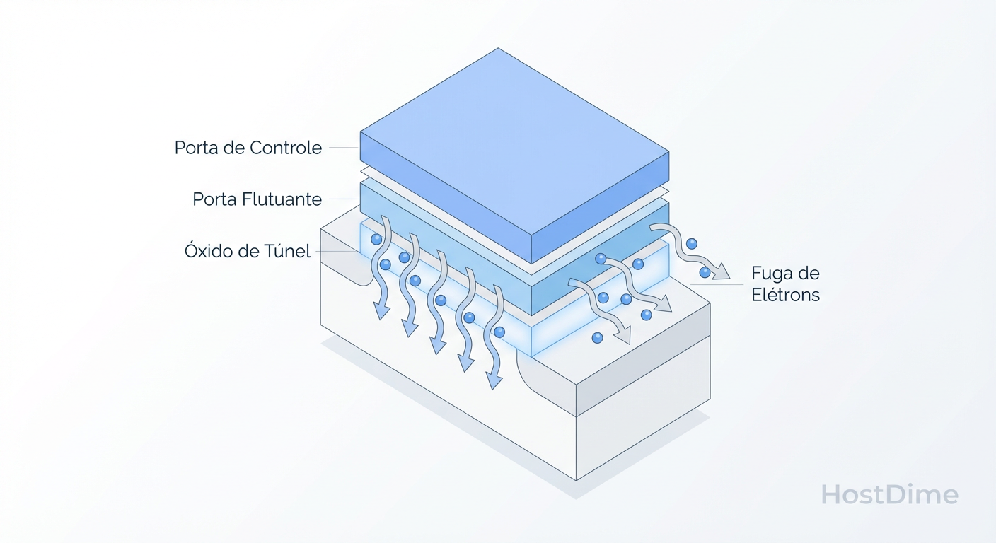 Diagrama do Tunelamento Quântico em SSDs: O inimigo da retenção de dados em litografias pequenas.