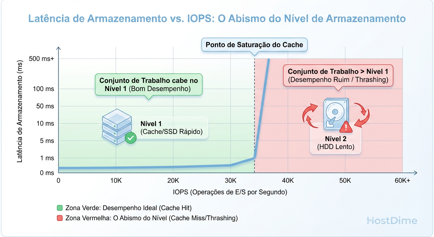O Abismo do Tiering: O que acontece com a latência quando seu Working Set excede a capacidade da camada rápida.