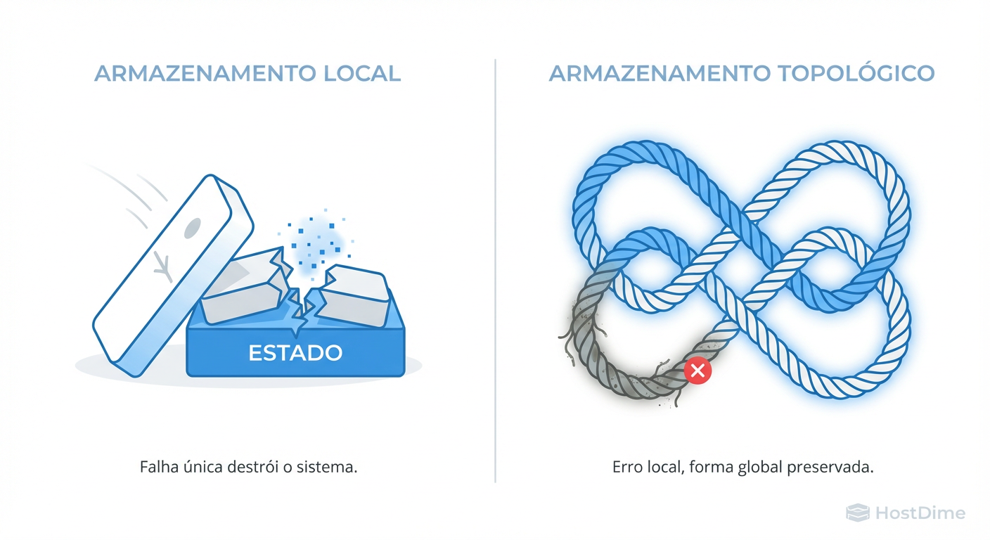 Localidade vs. Topologia: Por que danos locais destroem bits tradicionais, mas não afetam a estrutura topológica.