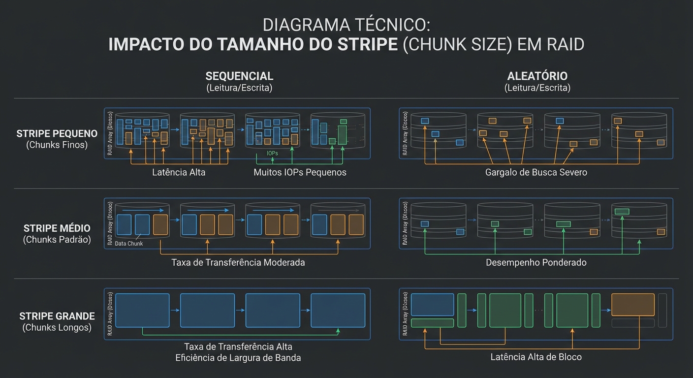 Performance comparativa de diferentes stripe sizes em relação ao tipo de arquivo.