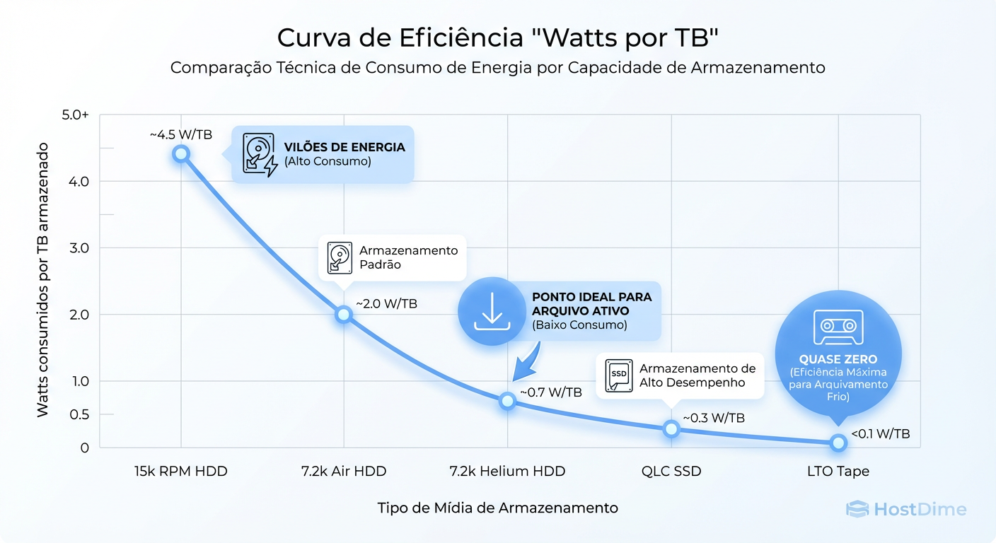 Comparativo de Watts por TB: A hierarquia real da eficiência energética em storage.