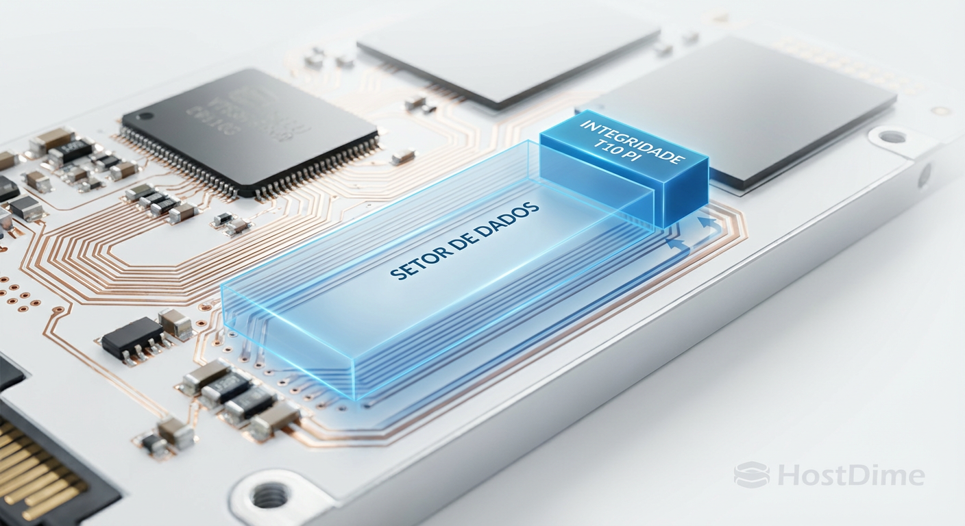 Esquema visual da estrutura de um setor protegido por T10 PI, detalhando a adição dos campos de integridade ao payload de dados.